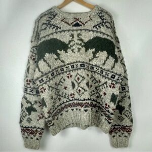 VTG American Eagle Hand Knit Wool Sweater Large Geometric Nature Deer Chunky USA